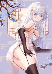 1girl absurdres age_fx anastasia_(fate) ass black_thighhighs blue_eyes blush breasts cleavage dress fate/grand_order fate_(series) hair_over_one_eye hairband highres large_breasts long_hair looking_at_viewer silver_hair solo thighhighs very_long_hair white_dress rating:Sensitive score:40 user:danbooru