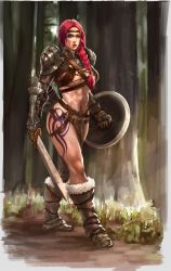 1girl abs absurdres amazon_warrior artist_request braid breasts female_focus green_eyes highres lips midriff muscular navel red_hair shield solo sword tattoo thighs weapon rating:Sensitive score:29 user:R-998