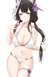  absurdres animal_ear_fluff animal_ears bikini blue_archive breasts flower yellow_eyes hair_flower hair_ornament halo highres large_breasts long_hair looking_at_viewer mask multicolored_hair navel smile streaked_hair swimsuit thighs wakamo_(blue_archive) wakamo_(swimsuit)_(blue_archive) white_bikini  rating:Sensitive score:17 user:RapidRotation