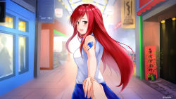  brown_eyes erza_scarlet fairy_tail holding_hands highres jewelry long_hair mall pov red_hair ring rizihike shopping_centre skirt smile tattoo  rating:Sensitive score:11 user:titaniakh