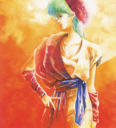  1980s_(style) 1girl armband belt dress green_hair hand_on_own_hip highres looking_to_the_side megazone_23 mikimoto_haruhiko official_art oldschool painting_(medium) production_art red_lips retro_artstyle scan tokimatsuri_eve traditional_media watercolor_(medium) 