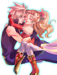  1990s_(style) blonde_hair blue_eyes boots cape cloud_strife cotton_candy_(artist) dissidia_final_fantasy earrings elbow_gloves closed_eyes final_fantasy final_fantasy_vi final_fantasy_vii gloves hair_ornament hug jewelry long_hair pantyhose ponytail ribbon smile spiked_hair tina_branford 