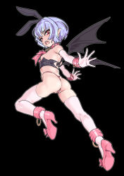 1girl animal_ears ass bat_wings blue_hair blush breasts commentary_request elbow_gloves fake_animal_ears fangs female_focus full_body gloves high_heels highres loli looking_at_viewer looking_back mersoleil03 nipples open_mouth pink_gloves pink_theme pointy_ears rabbit_ears red_eyes remilia_scarlet short_hair small_breasts solo thong touhou wings rating:Questionable score:98 user:danbooru