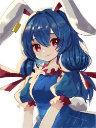  1girl animal_ears blue_dress blue_hair closed_mouth commentary_request dress earclip highres looking_at_viewer low_twintails plus2sf rabbit_ears rabbit_girl red_eyes seiran_(touhou) short_sleeves simple_background solo touhou twintails upper_body white_background 