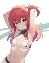  1girl absurdres armpits arms_behind_head arms_up blush bocchi_the_rock! breasts buruma closed_mouth commentary_request covered_erect_nipples hair_between_eyes highres kita_ikuyo looking_at_viewer medium_hair minusk9 navel nike_(company) ponytail red_hair side_ponytail sideboob sidelocks signature simple_background small_breasts solo sports_bikini sports_bra upper_body white_background yellow_eyes  rating:Sensitive score:47 user:danbooru