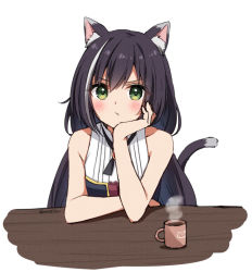 1girl :t animal_ear_fluff animal_ears anz32 bad_id bad_pixiv_id bare_arms bare_shoulders black_hair black_ribbon blush cat_ears cat_girl cat_tail closed_mouth coffee coffee_mug cup green_eyes hand_on_own_cheek hand_on_own_face karyl_(princess_connect!) long_hair low_twintails mug multicolored_hair neck_ribbon pout princess_connect! ribbon simple_background sleeveless solo steam streaked_hair tail twintails twitter_username upper_body v-shaped_eyebrows very_long_hair white_background white_hair rating:Sensitive score:19 user:danbooru
