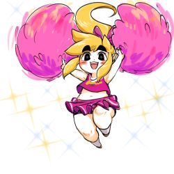  1boy armpits blonde_hair blush cheerleader cheerleader_link crossdressing eyebrows highres link looking_at_viewer male_focus navel nintendo open_mouth plump pointy_ears pom_pom_(cheerleading) ponytail simple_background solo star_(symbol) the_legend_of_zelda the_legend_of_zelda:_tri_force_heroes thick_eyebrows thick_thighs thighs trap yellow_kirby  rating:Sensitive score:49 user:Juni221