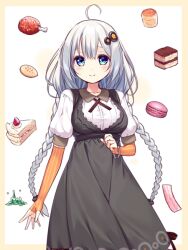 1girl ahoge black_dress blue_eyes blush boned_meat border braid breasts brown_border cake cake_slice closed_mouth collared_shirt commentary_request dress dress_shirt elbow_gloves fingerless_gloves food food_request gloves grey_hair hair_between_eyes hair_ornament kizuna_akari long_hair low_twintails macaron meat medium_breasts orange_gloves puffy_short_sleeves puffy_sleeves shirt short_sleeves sleeveless sleeveless_dress smile solo striped_clothes striped_gloves twin_braids twintails usume_shirou vertical-striped_clothes vertical-striped_gloves very_long_hair voiceroid white_background white_shirt