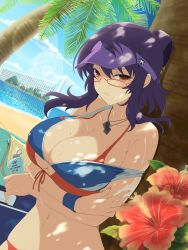 1girl angry arms_under_breasts bare_hips bare_shoulders beach beach_volleyball bikini breasts cap cleavage crossed_arms flower front-tie_bikini_top front-tie_top glasses highres large_breasts looking_to_the_side lotion mole mole_on_breast palm_tree purple_hair red_eyes senran_kagura short_hair sideboob solo sports_bikini sunscreen rin_(senran_kagura) sweat swimsuit tree underboob rating:Explicit score:50 user:A2SQ