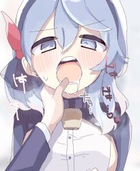  1girl ako_(blue_archive) bell blue_archive blue_eyes blue_hair breasts cezf28 cowbell drooling finger_in_another&#039;s_mouth hair_between_eyes highres large_breasts neck_bell saliva short_hair simple_background teeth tongue white_background 