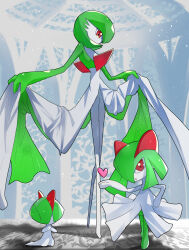  1other 2girls blowing_kiss bob_cut covered_eyes creatures_(company) evolutionary_line full_body game_freak gardevoir gen_3_pokemon green_hair hair_over_eyes hair_over_one_eye hand_on_own_hip hand_up hands_on_own_chest hands_up heart indoors kirlia legs lifting_own_clothes long_legs looking_at_viewer medium_hair multiple_girls nintendo one_eye_covered open_mouth pokemon pokemon_(creature) ralts red_eyes short_hair sidelocks standing zeroartwo 