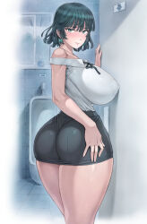  1girl alternate_costume ass bare_shoulders black_hair blush breasts covered_erect_nipples curvy fubuki_(one-punch_man) green_eyes green_hair huge_ass huge_breasts looking_at_viewer looking_back miniskirt mogudan no_bra one-punch_man pencil_skirt short_hair skirt smile solo standing thick_thighs thighs wide_hips  rating:Questionable score:23 user:RIG