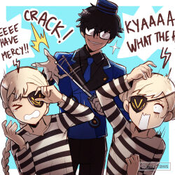  1boy 2girls alternate_costume blue_necktie braid caroline_(persona_5) collared_shirt commentary cosplay costume_switch english_commentary evil_smile eyepatch gzei highres multiple_girls necktie one_eye_covered open_mouth persona persona_5 prison_clothes prisoner role_reversal shirt smile striped_clothes striped_shirt wide-eyed yellow_eyes 