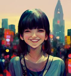  1girl asian black_hair city collarbone colorful japanese_clothes kimono looking_at_viewer painting_(medium) self-upload smile sunset traditional_media upper_body  rating:General score:2 user:DEVILFISH97