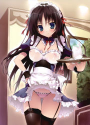  1girl absurdres angry apron black_hair black_thighhighs blue_eyes blush breasts cameltoe covered_erect_nipples dengeki_moeou frown garter_straps hand_on_own_hip highres karory lace lace-trimmed_legwear lace_trim lactation lactation_through_clothes legs milk nipples no_bra non-web_source original panties pantyshot pink_panties scan see-through skirt skirt_flip solo source_request thigh_gap thighhighs thighs underwear upskirt waist_apron waitress wet wet_clothes wrist_cuffs  rating:Questionable score:153 user:danbooru