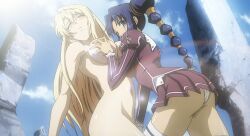  2girls ass blonde_hair blue_hair blush braid braided_ponytail breasts brown_eyes closed_eyes freezing_(series) grabbing grabbing_another&#039;s_breast highres huge_ass large_breasts legs long_hair looking_at_viewer molestation multiple_girls navel nude panties rana_linchen satellizer_el_bridget stitched thighs third-party_edit underwear 