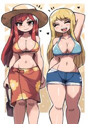  2girls absurdres bikini bikini_top_only blonde_hair breasts brown_hair cleavage closed_eyes erza_scarlet fairy_tail heart highres large_breasts long_hair looking_at_viewer lucy_heartfilia multiple_girls narrow_waist navel red_hair sarong short_shorts shorts swimsuit tony_welt wide_hips  rating:Sensitive score:33 user:danbooru