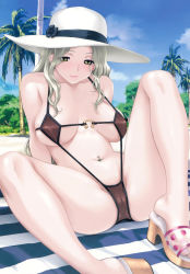 00s 1girl absurdres breasts cameltoe covered_erect_nipples freckles game_cg happoubi_jin hat highres large_breasts long_hair navel navel_piercing palm_tree piercing resort_boin sandals shinjou_kanae silver_hair slingshot_swimsuit solo spread_legs swimsuit tree yellow_eyes rating:Questionable score:105 user:spiderfan