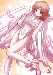  1girl angel_leotard angel_wings artist_logo breasts brown_eyes clothing_cutout dragon_quest dragon_quest_dai_no_daibouken feathers feet_out_of_frame highres howahowa leotard medium_breasts navel_cutout orange_eyes pink_footwear princess_leona solo two-tone_leotard white_leotard wings 