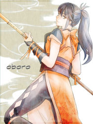  1girl ass black_pantyhose blue_hair bow brown_eyes character_name female_focus fingerless_gloves fire_emblem fire_emblem_fates from_behind gloves japanese_clothes long_hair looking_at_viewer naginata nintendo oboro_(fire_emblem) pantyhose polearm ponytail smile solo thighs tico weapon  rating:Sensitive score:8 user:MoreThan2Problems