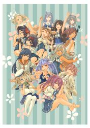  6+girls :d :p ahoge alternate_costume areola_slip arm_up bare_legs black_gloves black_hair black_thighhighs blonde_hair blue_eyes blue_hair blue_one-piece_swimsuit blue_sailor_collar blue_skirt border bow_hairband breasts brown_eyes brown_hair cardigan character_name closed_eyes closed_mouth commentary_request covered_navel cropped_shirt drink elbow_gloves everyone feet fingerless_gloves flat_chest floral_background flower from_side full_body glasses gloves green_background green_eyes grey_hair grey_neckerchief hair_flaps hair_flower hair_ornament hair_ribbon hairband hairclip hat high_ponytail highres holding holding_drink holding_hands huge_ahoge i-13_(kancolle) i-14_(kancolle) i-168_(kancolle) i-19_(kancolle) i-201_(kancolle) i-203_(kancolle) i-26_(kancolle) i-400_(kancolle) i-401_(kancolle) i-47_(kancolle) i-504_(kancolle) i-58_(kancolle) i-8_(kancolle) kantai_collection long_hair looking_at_viewer low-tied_long_hair luigi_torelli_(kancolle) medium_breasts medium_hair midriff miniskirt multiple_girls neckerchief nipple_slip nipples one-piece_swimsuit open_cardigan open_clothes open_mouth orange_sailor_collar orange_skirt pink_eyes pink_hair pink_neckerchief pleated_skirt pot-de purple_eyes purple_hair ramune red_eyes red_hair ribbon ro-500_(kancolle) sailor_collar school_swimsuit school_uniform shirt short_hair short_sleeves side-tie_shirt sidelocks skirt sleeveless sleeveless_shirt small_breasts smile striped_background swimsuit swimsuit_under_clothes tan tanline thigh_strap thighhighs tongue tongue_out twintails two_side_up v waving white_border white_hairband white_one-piece_swimsuit white_sailor_collar white_shirt white_thighhighs yellow_neckerchief 