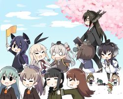 &gt;_&lt; 10s 6+girls :3 aged_down ahoge amatsukaze_(kancolle) anchor animal animal_on_head backpack bag bespectacled binoculars bird bird_on_head black_hair blonde_hair blush_stickers brown_hair closed_eyes elbow_gloves error_musume fairy_(kancolle) flag girl_holding_a_cat_(kancolle) glasses gloves green_hair hair_ornament hair_ribbon hair_tubes hairband hairclip hands_on_own_hips hat headgear high_heels hiyoko_(kancolle) holding_hands kantai_collection kitakami_(kancolle) kumano_(kancolle) kurono_nekomaru majokko_(kancolle) midori_(kancolle) mini_person minigirl multiple_girls nagato_(kancolle) nose_bubble on_head ooi_(kancolle) ponytail purple_hair randoseru rashinban_musume resized ribbon shimakaze_(kancolle) silver_hair sleeping striped_clothes striped_legwear striped_thighhighs suzuya_(kancolle) sweatdrop tenryuu_(kancolle) thighhighs tokitsukaze_(kancolle) triangle_mouth twintails wavy_mouth witch_hat yukikaze_(kancolle)