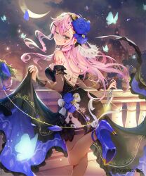  1girl armlet balcony ballroom_assassin_(shadowverse) bare_back bare_shoulders black_dress blonde_hair blue_flower blue_footwear blue_rose braid bridal_gauntlets bug butterfly castle clothes_lift commentary_request dress flower full_moon green_eyes hair_flower hair_ornament high_heels highres insect jewelry kunai long_hair looking_back moon night night_sky official_art rose rwael seductive_smile shadowverse side_slit skirt skirt_lift sky smile solo teardrop_facial_mark thigh_strap thighhighs weapon 