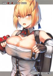  belko blonde_hair breasts claire_victorious cleavage cum cum_on_body cum_on_breasts cum_on_upper_body fingerless_gloves gloves god_eater god_eater_3 highres large_breasts red_eyes  rating:Explicit score:68 user:mikeyboom38
