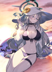  1girl animal_ear_fluff animal_ears bikini black_bikini black_choker blue_archive blue_eyes blush breasts choker cleavage closed_mouth cross_hair_ornament dark_halo extra_ears fingernails front-tie_bikini_top front-tie_top grey_hair grin hair_between_eyes hair_ornament halo hat highres jacket large_breasts long_hair long_sleeves matsumoto_tomoyohi mismatched_pupils open_clothes open_jacket sandals shiroko_(blue_archive) shiroko_terror_(blue_archive) side-tie_bikini_bottom smile solo swimsuit thigh_strap white_hat white_jacket wolf_ears 