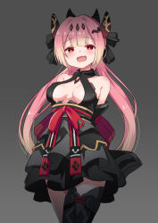  :d arms_behind_back back_bow bare_shoulders black_dress black_sleeves black_thighhighs blonde_hair blunt_bangs bow breasts bright_pupils chii_aruel cleavage_cutout clothing_cutout cowboy_shot detached_sleeves dress fang gradient_hair grey_background hair_between_eyes hair_ornament half-closed_eyes hayarob horns layered_dress light_blush long_hair looking_at_viewer medium_breasts multicolored_hair open_mouth pink_hair red_eyes sash short_dress simple_background single_thighhigh skin_fang sleeveless sleeveless_dress smile soulworker thighhighs twintails white_pupils  rating:Sensitive score:0 user:Sir_Cumalot