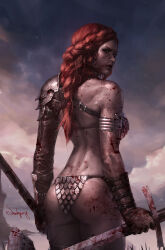 1girl absurdres armor bikini_armor blood blood_on_face bloody_weapon braid dual_wielding facing_away green_eyes grey_sky highres holding holding_sword holding_weapon jee-hyung_lee long_hair looking_back outdoors red_hair red_sonja red_sonja_(comics) signature sky sword weapon rating:Sensitive score:23 user:danbooru
