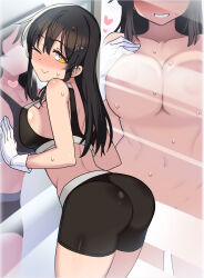 1girl against_glass against_mirror ass back bare_shoulders bike_shorts black_hair black_sports_bra blush breast_press breasts cleavage come_hither hair_ornament hairclip highres kantai_collection large_breasts long_hair looking_at_viewer mirror navel oyashio_(kancolle) smile solo sports_bra sweat taketora_suzume two-tone_sports_bra white_sports_bra