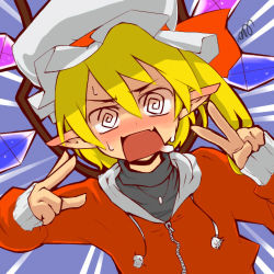  1girl @_@ alternate_costume bad_id bad_pixiv_id blonde_hair blush crystal female_focus flandre_scarlet hat hat_ribbon jewelry long_sleeves lowres mantarou_(shiawase_no_aoi_tori) necklace open_mouth pointy_ears ribbon saliva siawasenoaoitori side_ponytail solo sweat touhou v wings zipper 
