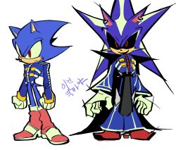  1boy android bell-bottoms black_cape black_sclera blue_fur blue_jacket boots buttons cape colored_sclera concept_art cosplay double-breasted dr._eggman dr._eggman_(cosplay) ear_piercing evil_smile gloves hedgehog_boy highres jacket knee_boots korean_text long_sleeves looking_at_viewer metal_sonic mojunpwo multiple_views no_pants pants piercing pointy_footwear red_eyes red_footwear serious smile sonic_(series) sonic_heroes spiked_belt transformation translation_request white_gloves wide_sleeves  rating:General score:6 user:danbooru