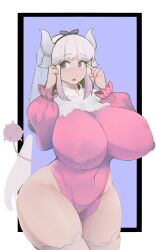  1girl absurdres aged_up blue_eyes border breasts covered_erect_nipples cowboy_shot ferdinandusdart gradient_hair grey_hair highres horns huge_breasts kanna_kamui kobayashi-san_chi_no_maidragon leotard long_sleeves multicolored_hair open_mouth pink_leotard purple_background purple_hair simple_background solo standing tail thick_thighs thighhighs thighs two-tone_hair white_border white_thighhighs 