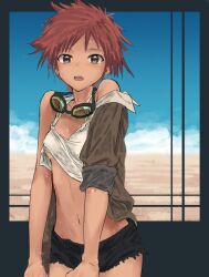  1girl arm_out_of_sleeve black_shorts blue_sky blush border breasts brown_eyes brown_hair brown_jacket bullfalk collarbone commentary_request cowboy_bebop cowboy_shot edward_wong_hau_pepelu_tivrusky_iv goggles goggles_around_neck grey_border jacket looking_at_viewer navel off_shoulder open_mouth outside_border short_shorts shorts sky sleeves_past_elbows small_breasts solo stomach tank_top teeth upper_teeth_only white_tank_top 