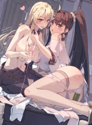  2girls ass blonde_hair blue_eyes blush breasts brown_hair cleavage cup drinking_glass hair_between_eyes hair_ornament highres himeyamato iowa_(kancolle) kantai_collection large_breasts long_hair multiple_girls ponytail smile star-shaped_pupils star_(symbol) symbol-shaped_pupils tagme topless very_long_hair wine_glass yamato_(kancolle) yuri 