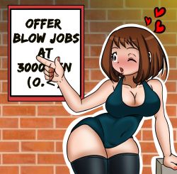  10s 1girl boku_no_hero_academia breasts brown_eyes brown_hair cleavage covered_navel english_text highres medium_breasts one-piece_swimsuit one_eye_closed prostitution short_hair sign solo steca swimsuit tagme thick_thighs thighs uraraka_ochako wide_hips wink  rating:Questionable score:20 user:steca