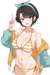  1girl absurdres bikini black_hair bluefield blush breasts collarbone green_eyes green_hairband green_jacket hairband hashtag-only_commentary highres hololive jacket long_sleeves looking_at_viewer medium_breasts navel official_alternate_costume oozora_subaru oozora_subaru_(hololive_summer_2019) open_clothes open_jacket open_mouth polka_dot_hairband short_hair side-tie_bikini_bottom simple_background smile solo stomach striped_bikini striped_clothes swimsuit v virtual_youtuber white_background  rating:Sensitive score:21 user:danbooru