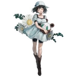 1girl :d ^_^ black_hair blue_dress blue_hair blush boots brown_footwear closed_eyes collarbone denim denim_shorts dress facing_viewer flower full_body girls&#039;_frontline_neural_cloud hair_ribbon highres holding holding_toy leaf looking_at_viewer official_art open_mouth puffy_short_sleeves puffy_sleeves ribbon shiina_mayuri short_hair short_sleeves shorts shorts_under_dress simple_background smile solo standing steins;gate tachi-e third-party_source toy transparent_background upa_(steins;gate) white_flower white_ribbon 