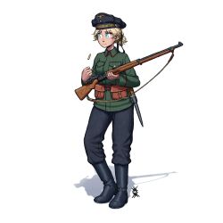 1girl absurdres ammunition_pouch bayonet belt blonde_hair blue_eyes bolt_action boots germany gun gun_sling hat highres holding holding_gun holding_weapon krag_jorgensen kriegsmarine long_sleeves military military_hat military_uniform original ostwindprojekt pants pants_tucked_in pocket pouch rifle simple_background soldier solo stray_bullets uniform weapon white_background world_war_ii