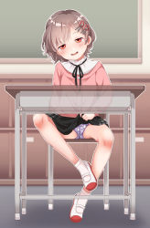 1girl absurdres black_skirt blurry blurry_background blush brown_hair buttons chair chalkboard classroom clothes_lift desk female_focus flat_chest floral_print full_body gingham hair_ornament hairclip half-closed_eyes happy head_tilt heart heart_hair_ornament highres indoors leg_up lifting_own_clothes loli long_sleeves looking_at_viewer miniskirt open_mouth original outline panties pantyshot pink_shirt plaid plaid_skirt print_panties print_underwear purple_panties red_eyes red_footwear school_chair school_desk shirt shoes short_hair sidelocks sitting skirt skirt_lift smile socks solo straight-on sweat tekin underwear upskirt uwabaki white_outline white_socks x-ray rating:Questionable score:184 user:AngryZapdos
