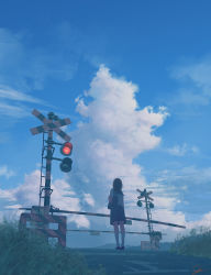  1girl blue_sky cloud highres railroad_crossing railroad_tracks sky  rating:Sensitive score:0 user:hyrulequest21