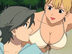 1boy 1girl 2000s animated animated_gif bikini blonde_hair breast_press breasts breasts_in_face breasts_on_shoulders cathy_mcmahon cleavage freckles grey_hair kamina_ayato large_breasts rahxephon swimsuit 
