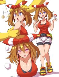 1girl :d :p @_@ arm_grab blue_eyes blush breasts brown_hair cleavage collarbone creatures_(company) full_body game_freak gen_1_pokemon hair_ribbon hanging_breasts head_grab highres hypno hypnosis konno_tohiro large_breasts may_(pokemon) may_(pokemon_oras) mind_control multiple_views naughty_face nintendo open_mouth poke_ball poke_ball_(basic) pokemon pokemon_(creature) pokemon_oras purple_eyes ribbon short_hair simple_background smile standing tongue tongue_out white_background rating:Questionable score:368 user:danbooru
