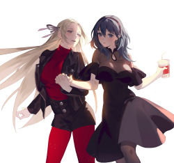  2girls backlighting black_dress black_legwear black_shorts blush bubble_tea byleth_(female)_(fire_emblem) byleth_(fire_emblem) casual contemporary cup disposable_cup dress edelgard_von_hresvelg fajyobore fire_emblem fire_emblem:_three_houses green_hair hair_ribbon hairband highres holding_hands jacket leather leather_jacket pantyhose_under_shorts light_blush long_hair looking_at_another looking_at_viewer medium_hair multiple_girls nintendo open_mouth pantyhose red_legwear red_shirt ribbon shirt shorts silver_hair simple_background smile standing turtleneck very_long_hair yuri  rating:Sensitive score:12 user:danbooru