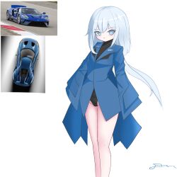  1girl black_leotard blue_eyes blue_jacket elll ford ford_gt highres jacket leotard looking_at_viewer low_ponytail open_mouth original personification reference_inset simple_background sleeves_past_wrists solo vehicle_and_personification white_background 