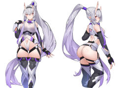 1girl absurdres ass black_gloves blush breasts closed_mouth commission elbow_gloves fingerless_gloves gloves grey_hair high_ponytail highres horn_piercing horns hoshikuma_douji houchi_shoujo large_breasts long_hair multicolored_hair multiple_views pointy_ears ponytail purple_hair red_eyes ringobatake sidelocks simple_background skeb_commission skin-covered_horns thighhighs very_long_hair white_background rating:Questionable score:20 user:danbooru