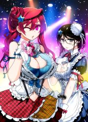  10s 2girls alternate_hairstyle black_hair breasts cat_cutout cat_lingerie cleavage cleavage_cutout clothing_cutout glasses heart highres idol ishida_akira large_breasts long_hair maid maid-chou_(maoyuu) maid_headdress maou_(maoyuu) maoyuu_maou_yuusha meme_attire multiple_girls navel one_eye_closed plaid plaid_skirt pursed_lips red_eyes red_hair skirt smile suspenders wink 