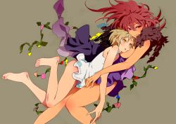 2girls age_difference bare_legs barefoot blonde_hair blush breasts brown_eyes clothes_pull dress dress_pull feet head_on_chest highres large_breasts long_hair looking_to_the_side looking_up mebae multiple_girls no_bra open_mouth original purple_dress red_eyes red_hair short_hair small_breasts smile white_dress yuri rating:Questionable score:28 user:danbooru